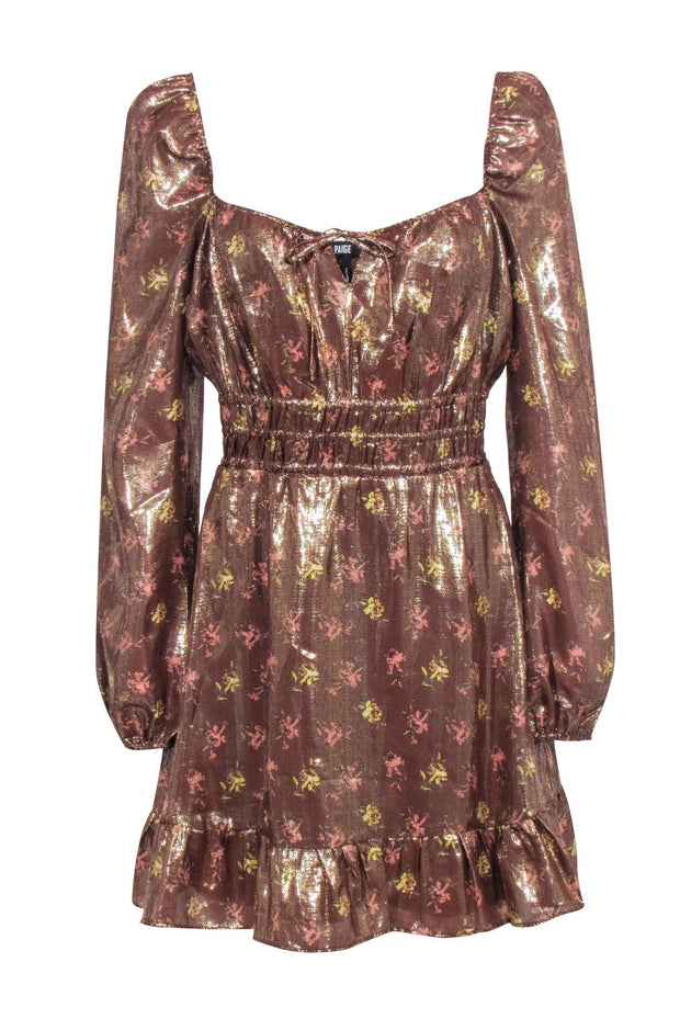 Current Boutique-Paige - Copper Rose Gold Floral Print Smocked Waist Dress Sz M