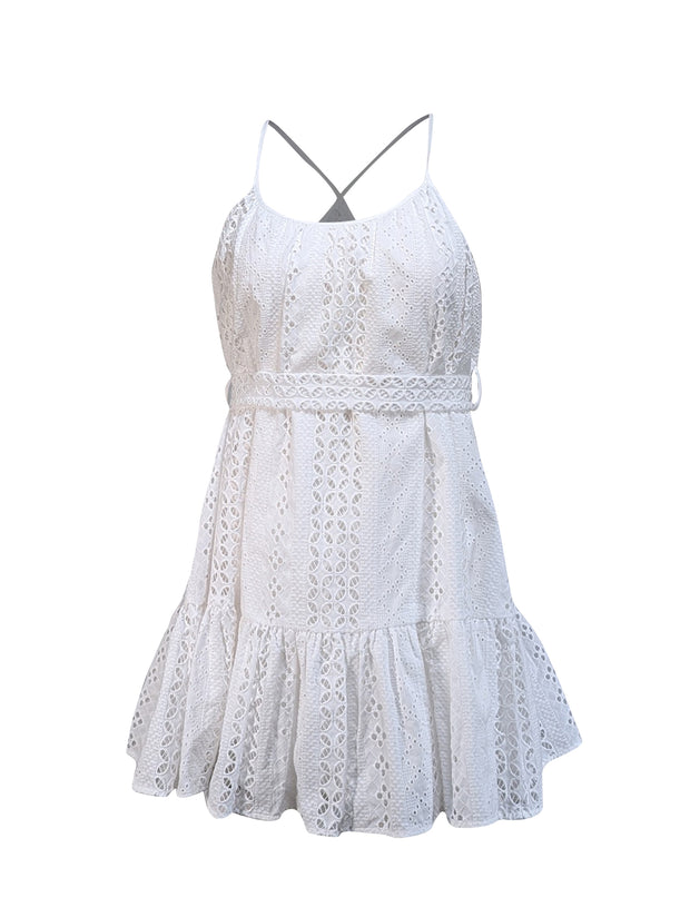 Current Boutique-Paolita - White Eyelet Ruffled Mini Dress Sz S