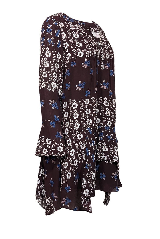 Current Boutique-Parker - Maroon w/ White & Blue Floral Print Bell Sleeve Dress Sz M