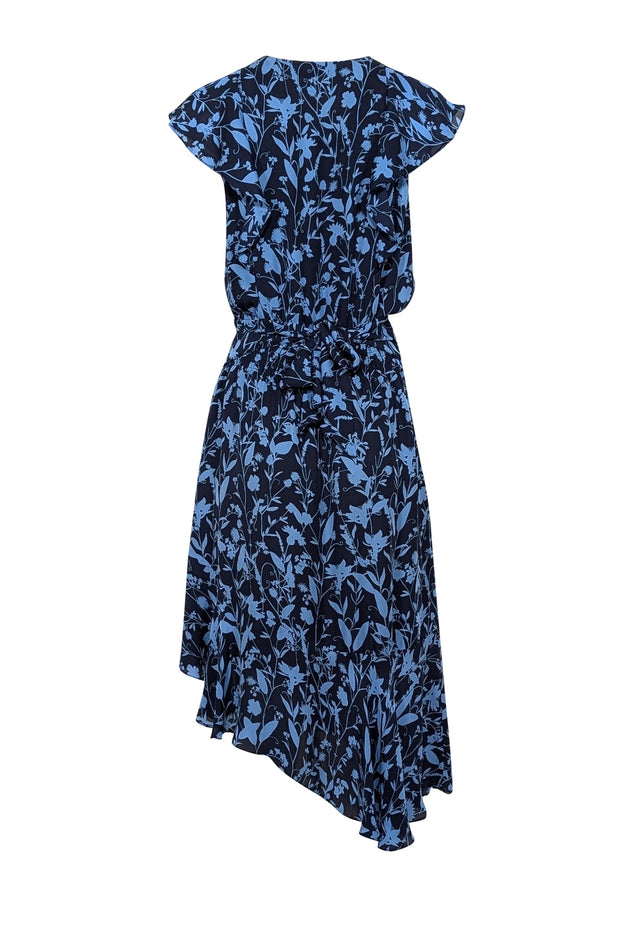 Current Boutique-Parker - Navy & Blue Floral Print Silk Asymmetrical Midi Dress Sz M