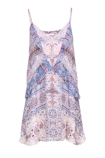 Current Boutique-Parker - Pink & Blue Multi Print Ruffle Trim Mini Shift Silk Dress Sz S
