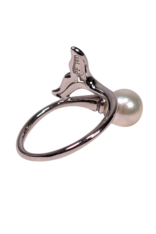 Current Boutique-Pearl Factory - White Plumb Gold Ring w/ Center Pearl & Teal Mermaid Tale Sz 6