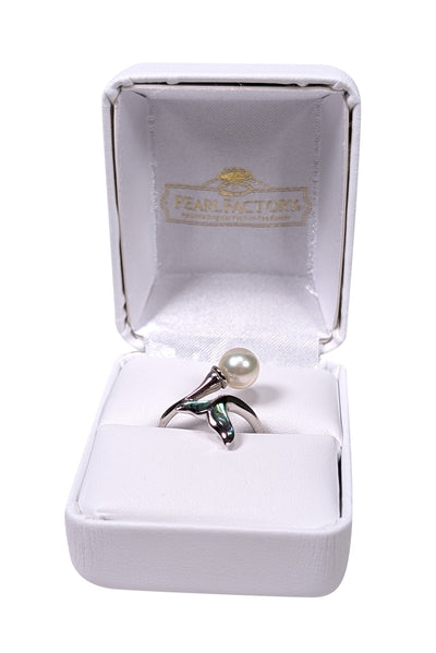 Current Boutique-Pearl Factory - White Plumb Gold Ring w/ Center Pearl & Teal Mermaid Tale Sz 6