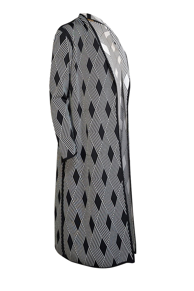 Current Boutique-Pepa Pombo - Black & White Geometric Print Open Front Long Knit Jacket Sz M