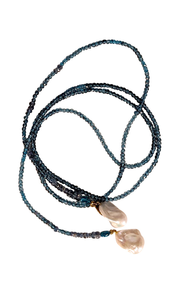 Current Boutique-Perle by Lola - Teal Blue Beaded Lariat Style Necklace w/ Fresh Water Pearls