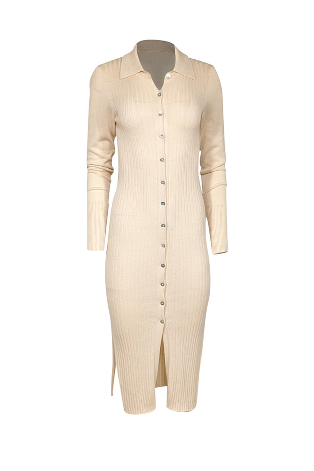 Current Boutique-Peruvian Connection - Cream Ribbed Pima Cotton Button Front Knit Dress Sz XS