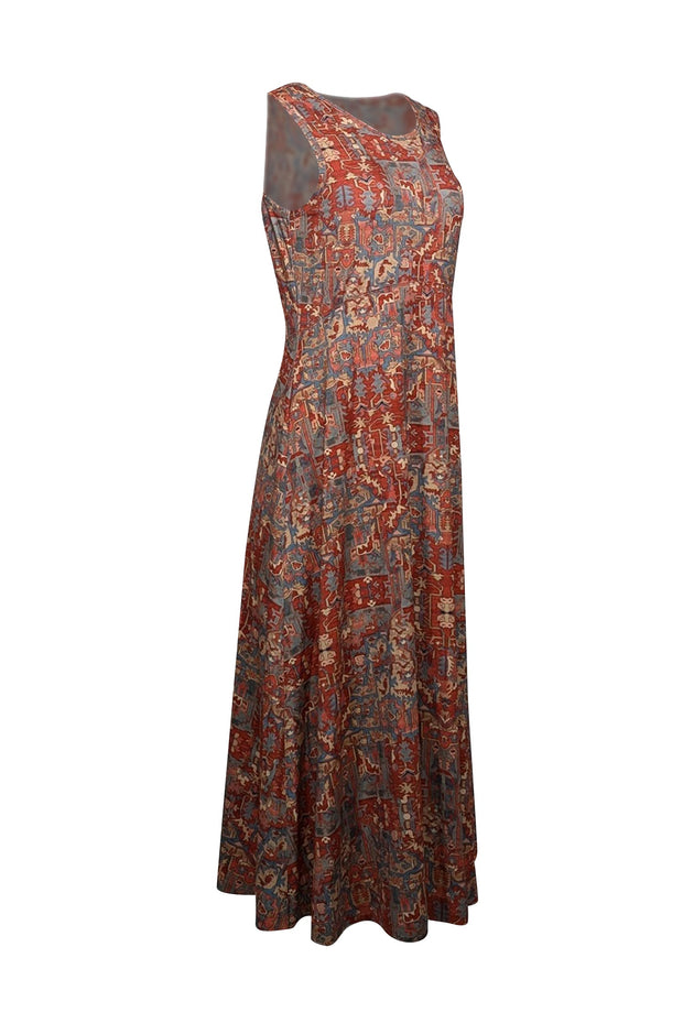 Current Boutique-Peruvian Connection - Rust Red, Blue, & Beige Abstract Print Jersey Dress Sz M