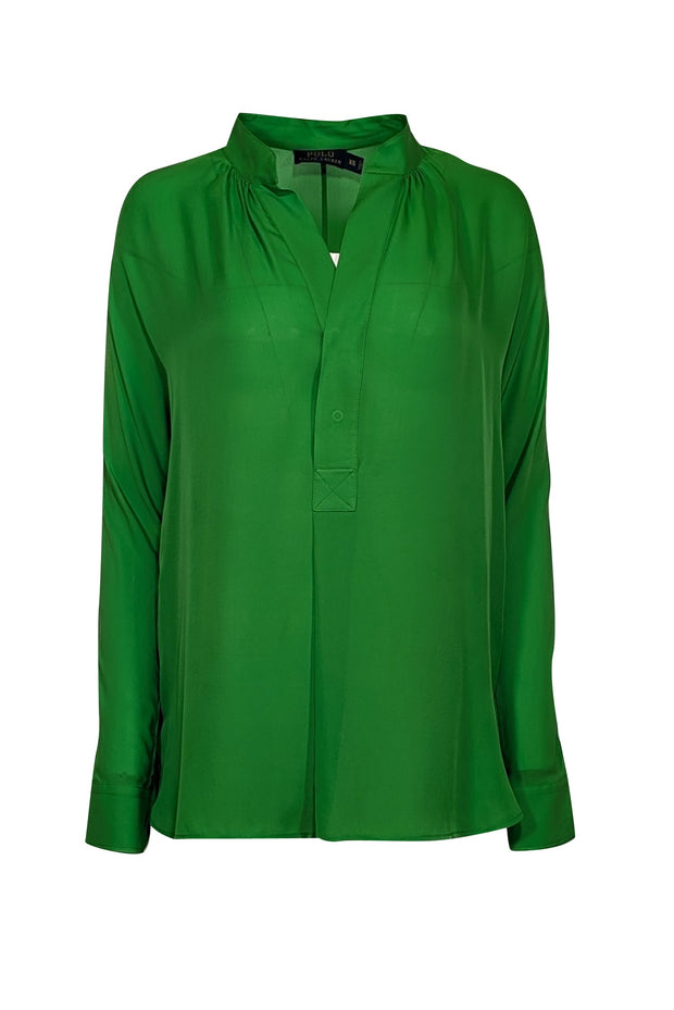 Current Boutique-Polo Ralph Lauren - Green Long Sleeve Silk Notch Neckline Top Sz XS