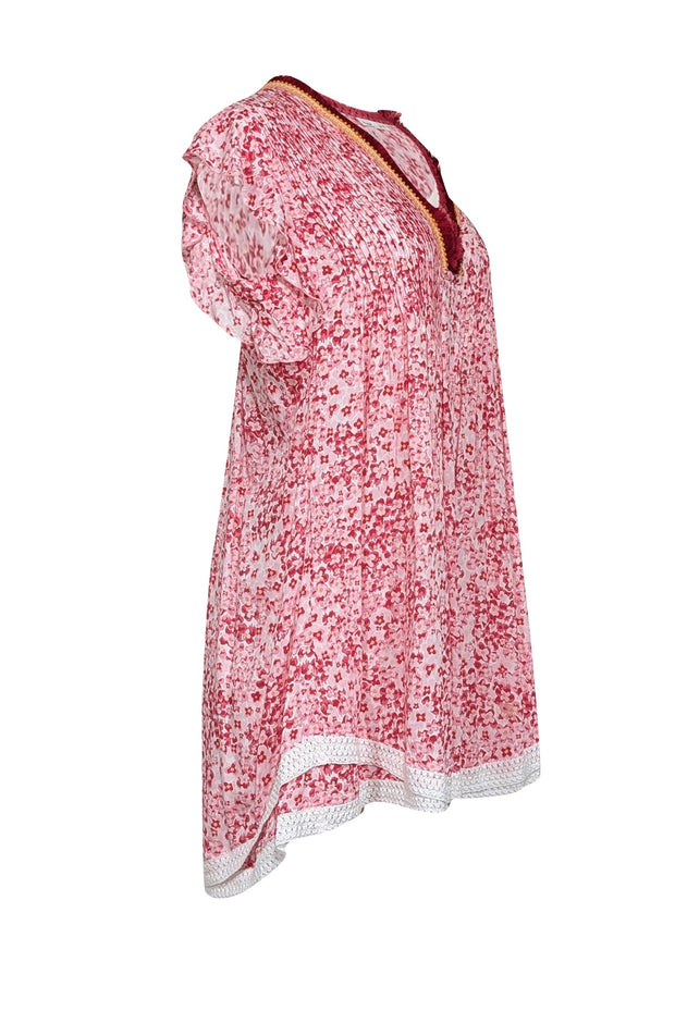 Current Boutique-Poupette St Barth - White, Red, & Pink Floral Print Lace Trimmed Dress Sz L