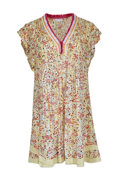 Current Boutique-Poupette St Barth - Yellow Multi Color Floral Print Flutter Sleeve Dress Sz L