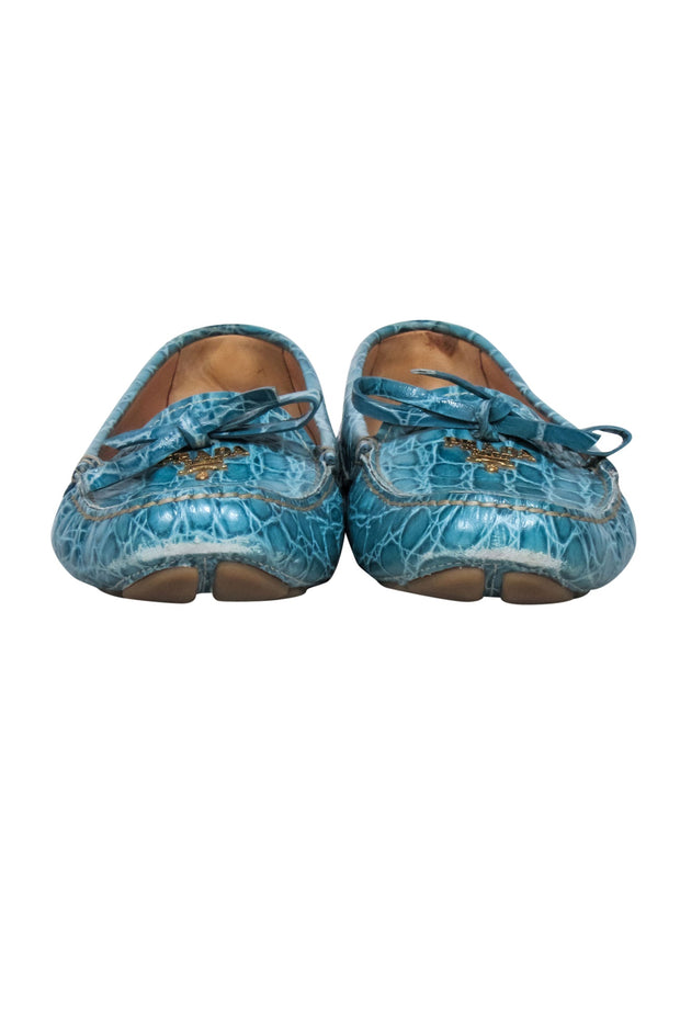 Current Boutique-Prada - Aqua Blue Reptile Textured Loafers Sz 8.5