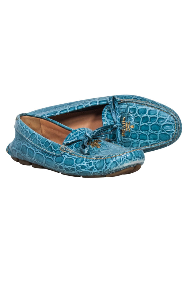 Current Boutique-Prada - Aqua Blue Reptile Textured Loafers Sz 8.5