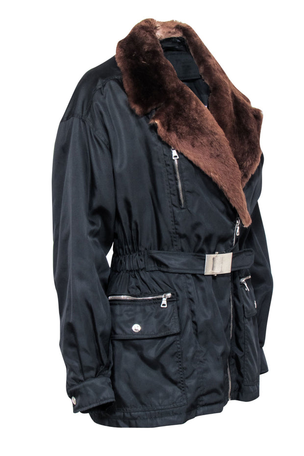 Current Boutique-Prada - Black "Anorak" Coat w/ Beaver Fur Collar Sz XL