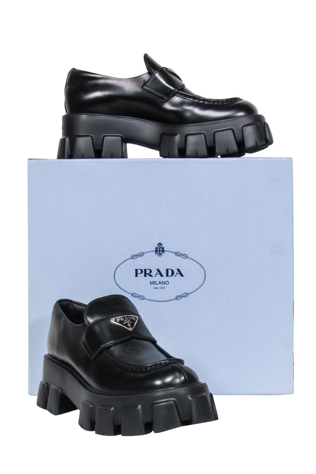 Current Boutique-Prada - Black Brushed Leather Monolith Loafers Sz 10