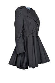 Current Boutique-Prada - Black Fit & Flare Collarless Trench Coat w/ Waist Tie Belt Sz 6