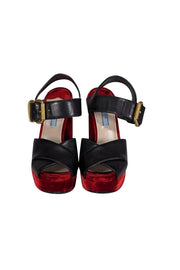 Current Boutique-Prada - Black Leather & Red Velvet Open Toe Platform Heels Sz 8.5