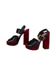 Current Boutique-Prada - Black Leather & Red Velvet Open Toe Platform Heels Sz 8.5