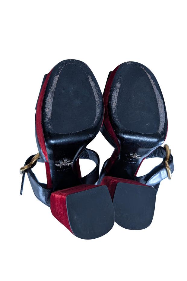 Current Boutique-Prada - Black Leather & Red Velvet Open Toe Platform Heels Sz 8.5