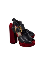 Current Boutique-Prada - Black Leather & Red Velvet Open Toe Platform Heels Sz 8.5