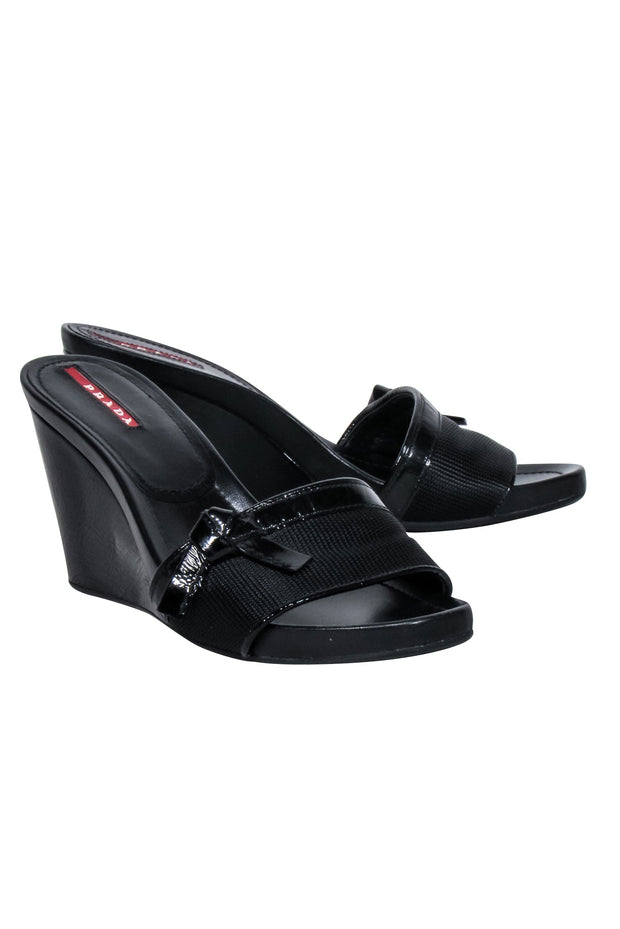 Current Boutique-Prada - Black Patenet Open Toe Wedges Sz 7