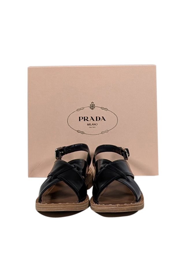 Current Boutique-Prada - Black Patent Cross Front Buckle Sandals Sz 10