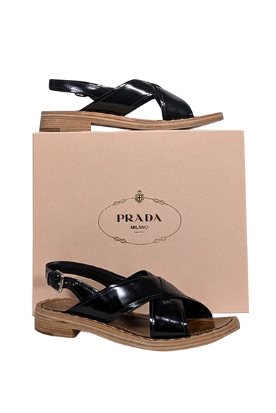 Current Boutique-Prada - Black Patent Cross Front Buckle Sandals Sz 10