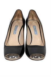 Current Boutique-Prada - Black Patent Leather Block Heel Gold Toe Pumps Sz 7