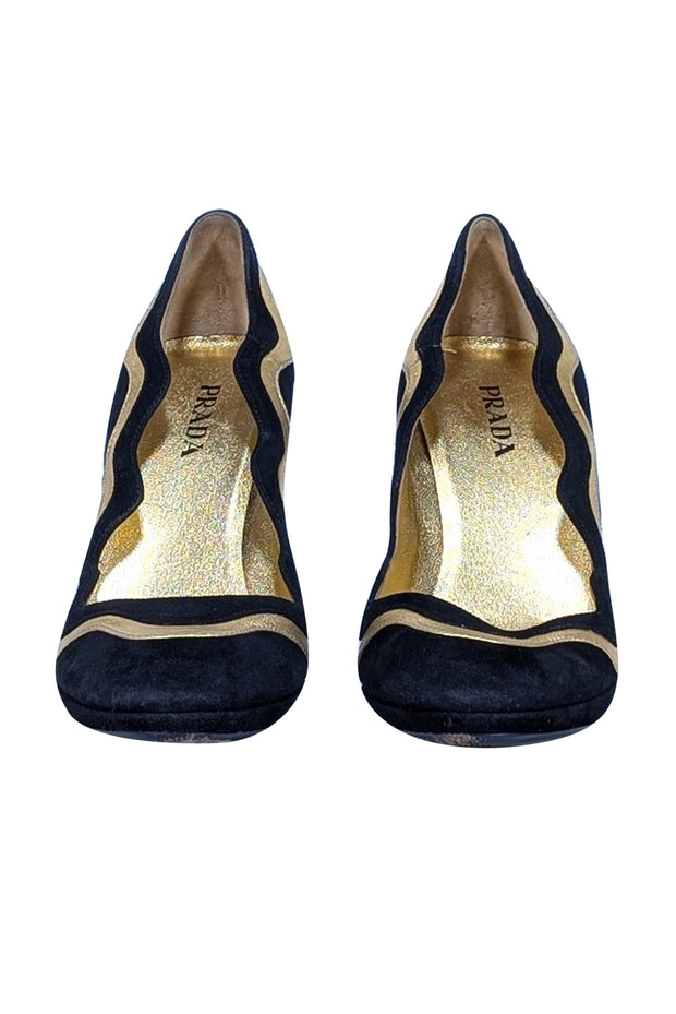 Current Boutique-Prada - Black Suede Heels w/ Gold Trim Sz 9.5