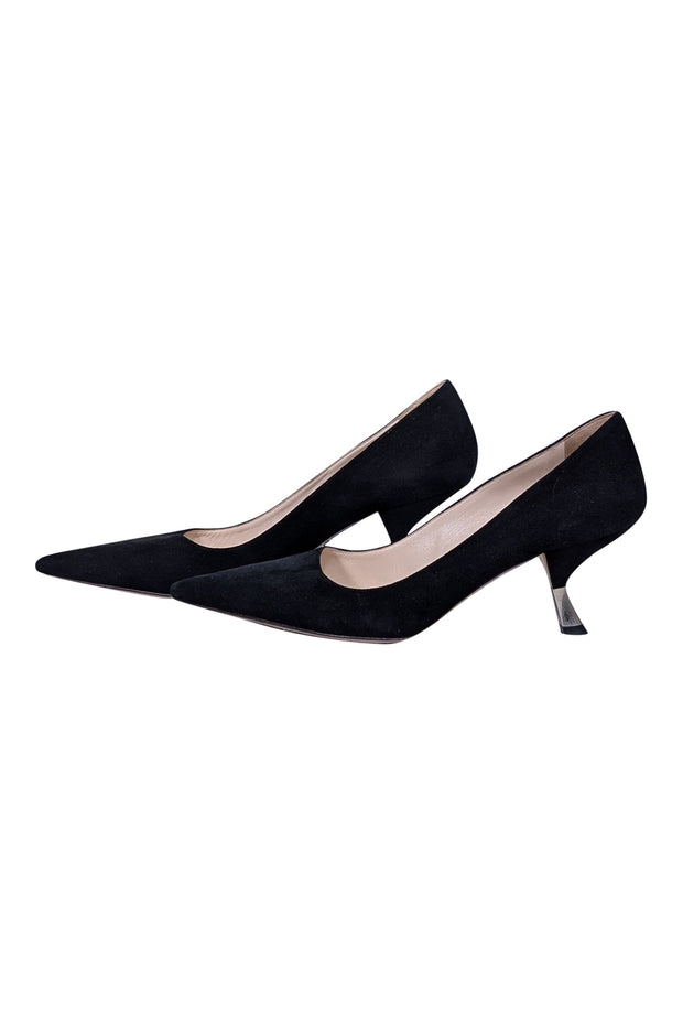 Current Boutique-Prada - Black Suede Pumps w/ Low Silver Trim Heel Sz 8