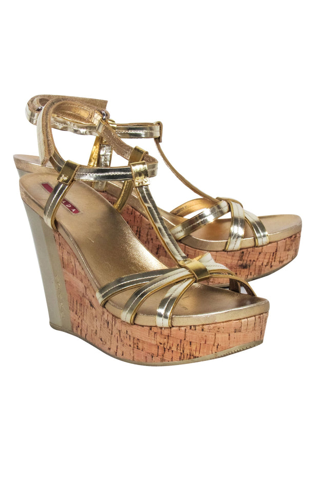 Current Boutique-Prada - Gold Strappy Cork Wedges Sz 11