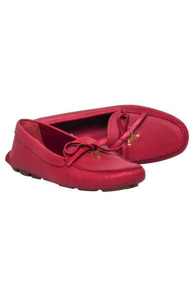 Current Boutique-Prada - Red Textured Leather Driving Loafers w/ Bow Upper Sz 8.5