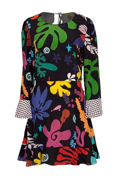 Current Boutique-RIXO - Black & Multi Color Graphic Print Silk Dress Sz L