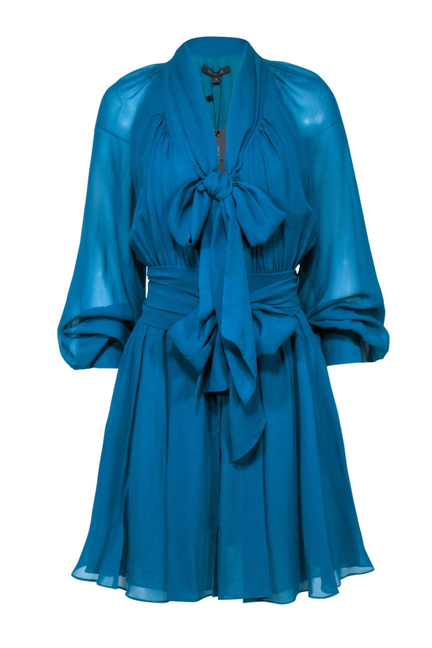 Current Boutique-Rachel Zoe – Teal Blue Silk Dress w/ Tie Around Neck Sz 10