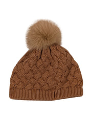 Current Boutique-Raffaello Bettini - Light Brown Cashmere Cable Knit Beanie w/ Fox Fur Pompom