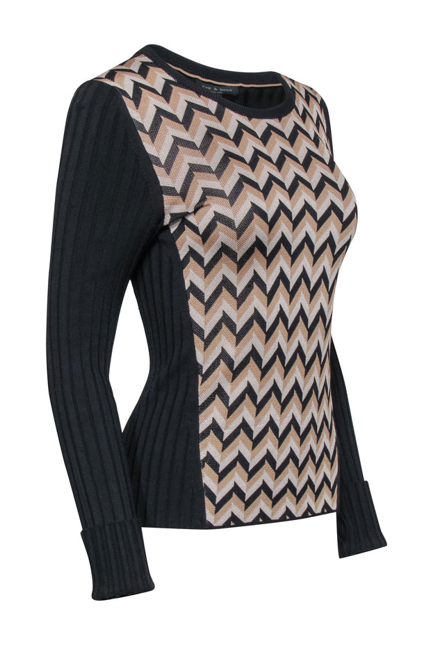 Current Boutique-Rag & Bone - Black & Brown Chevron Print Knit Top Sz S