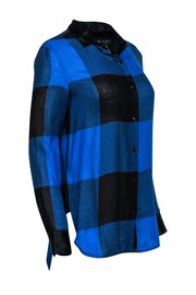 Current Boutique-Rag & Bone - Blue & Black Plaid Long Sleeve Button Front Shirt w/ Leather Collar Sz XS