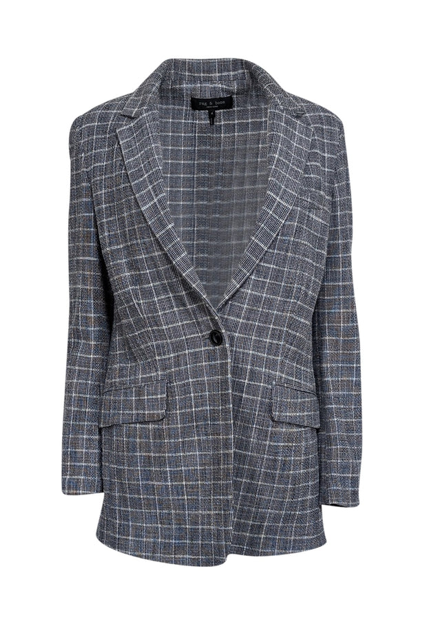 Current Boutique-Rag & Bone - Grey, White & Blue Tweed Plaid Long Blazer Sz 4