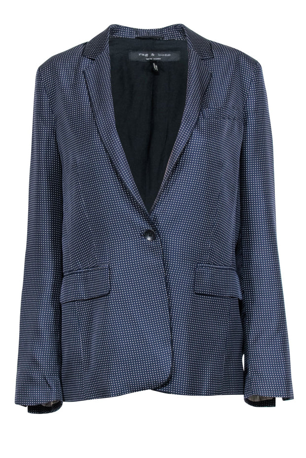 Current Boutique-Rag & Bone - Navy w/ White Micro Dot Print Silk Blazer Sz 8