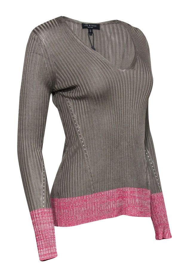 Current Boutique-Rag & Bone - Olive V-Neck Ribbed Top w/ Pink Contrast Hem Sz S