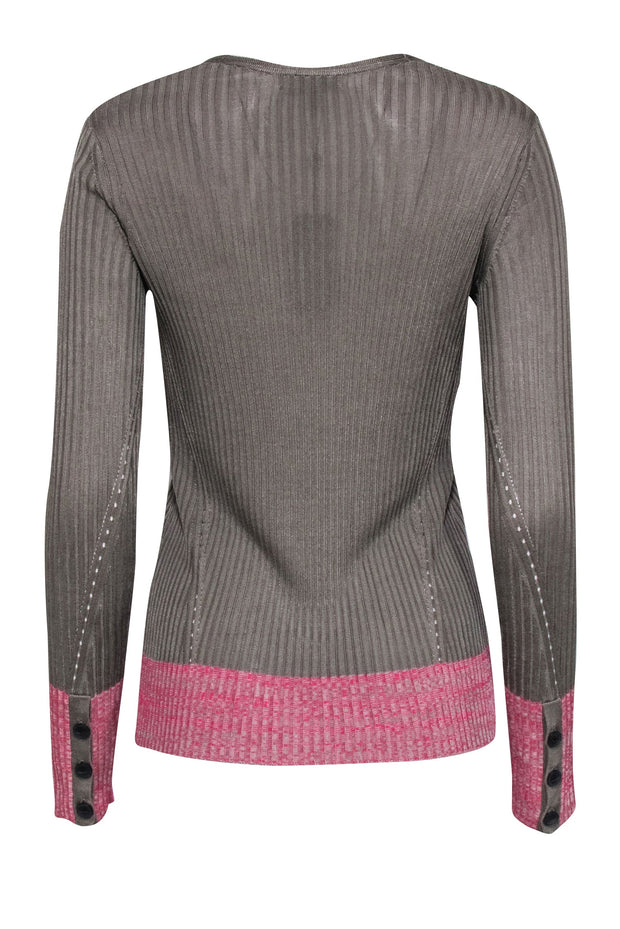 Current Boutique-Rag & Bone - Olive V-Neck Ribbed Top w/ Pink Contrast Hem Sz S