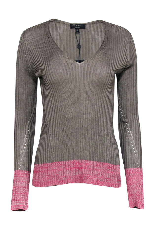 Current Boutique-Rag & Bone - Olive V-Neck Ribbed Top w/ Pink Contrast Hem Sz S