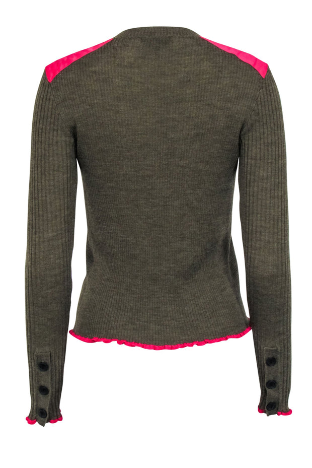 Current Boutique-Rag & Bone - Olive Wool Blend Ribbed Top w/ Pink Shoulder Patch Sz S