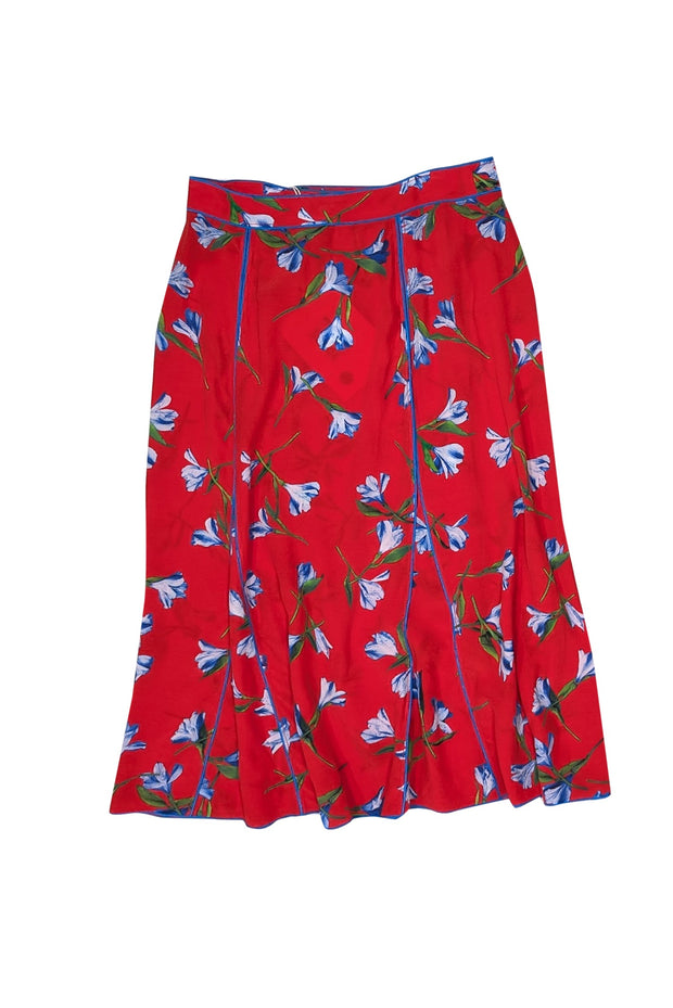 Current Boutique-Rag & Bone - Red & Blue Floral Print Crepe de Chine Wrap Skirt Sz 0