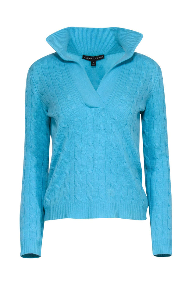 Current Boutique-Ralph Lauren - Aqua Blue V-Neck Cable Knit Sz S