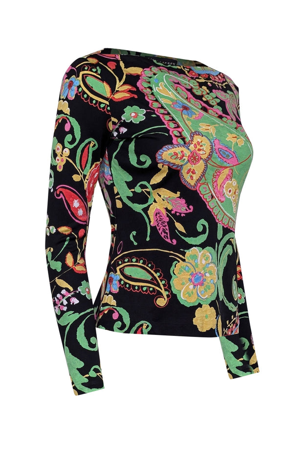 Current Boutique-Ralph Lauren - Black w/ Neon Pink, Green and Yellow Silk Paisley Long Sleeve Shirt Sz 6