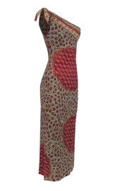 Current Boutique-Ralph Lauren Collection - Red, Sage, & Beige Silk Blend One Shoulder Dress Sz 6