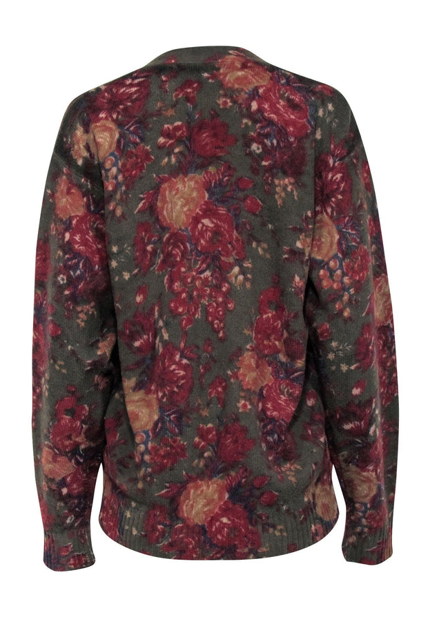 Current Boutique-Ralph Lauren - Olive w/ Red Floral Print Wool Cardigan Sz L