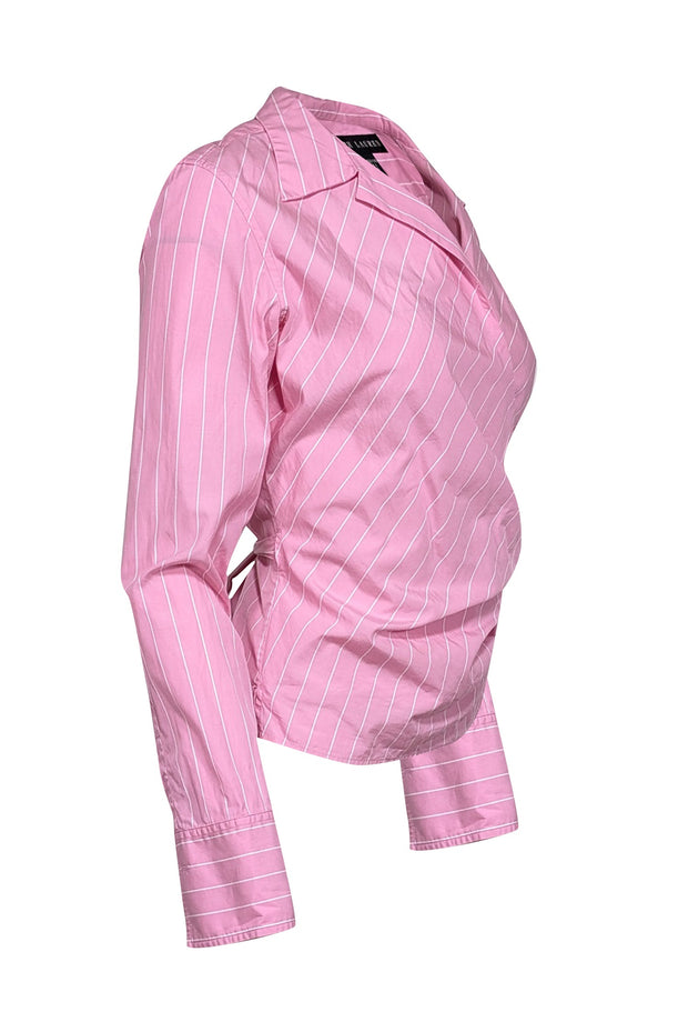 Current Boutique-Ralph Lauren - Pink & White Striped Cotton Collared Wrap Top Sz 10