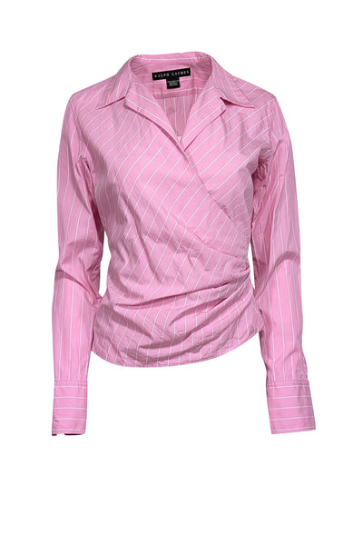 Current Boutique-Ralph Lauren - Pink & White Striped Cotton Collared Wrap Top Sz 10