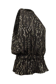 Current Boutique-Ramy Brook - Black & Gold Metallic Print Sleeveless Smocked Waist Top Sz L